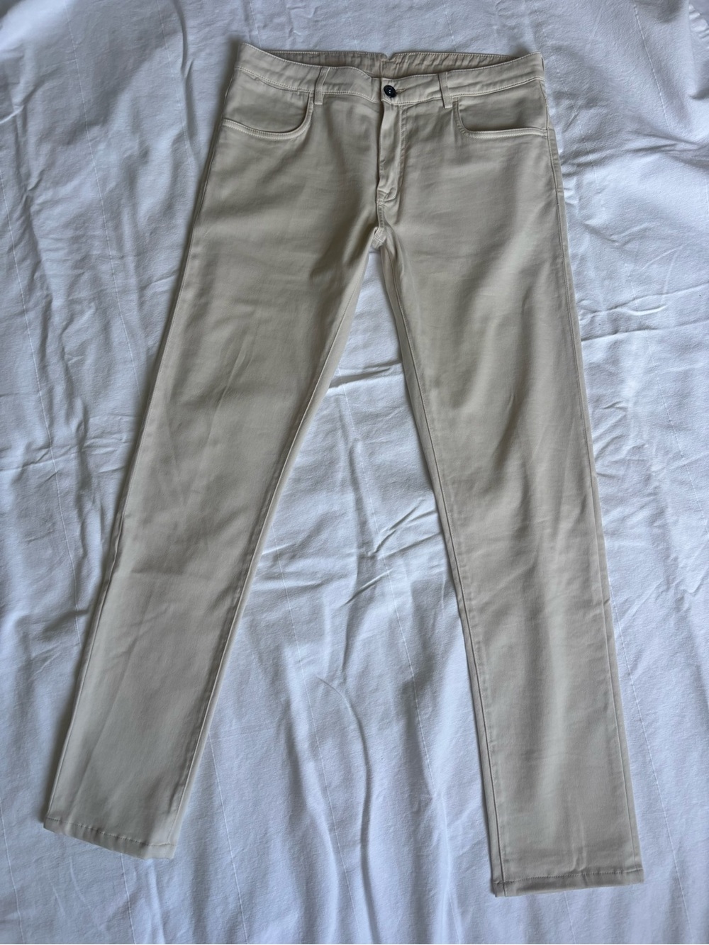Canali Cream Cotton Casual Trousers with Brown Leather Patch